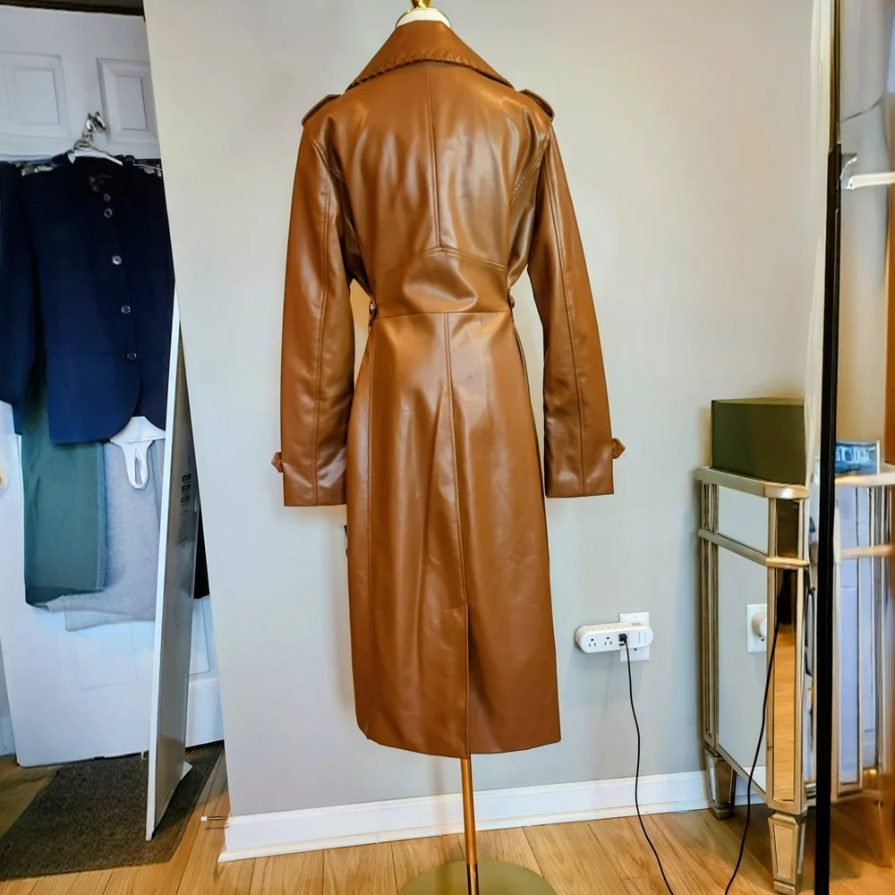 Kenneth Cole Faux Leather Belted Trench Coat In Cognac Size Large - Picture 4 of 7